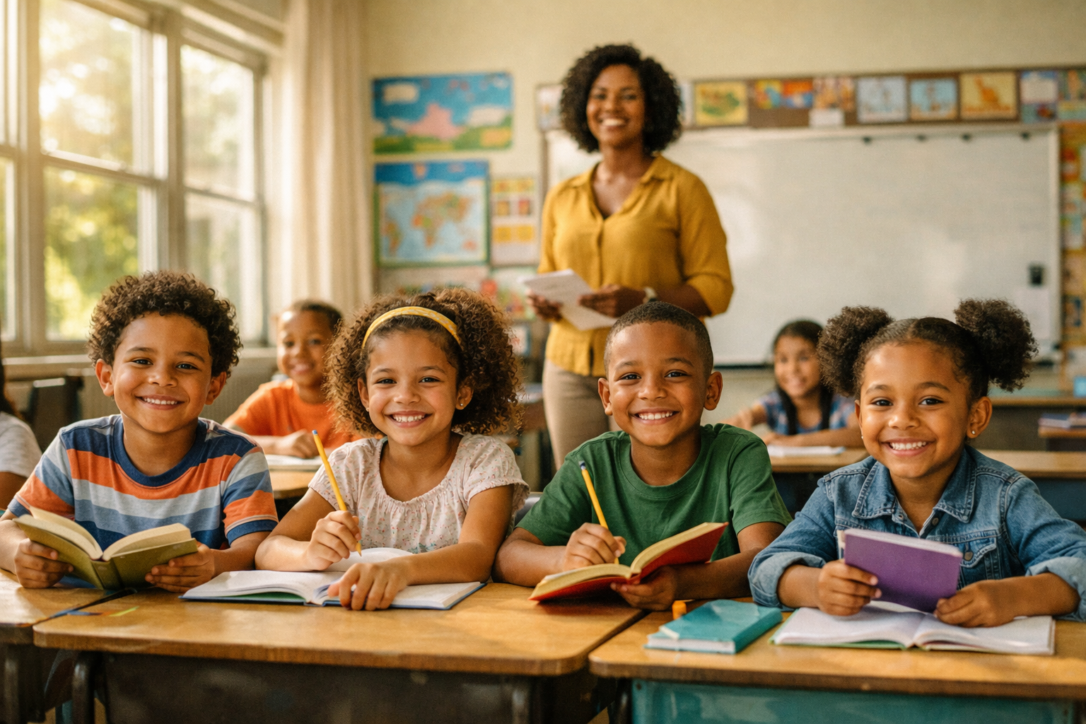 Children learning in a bright classroom